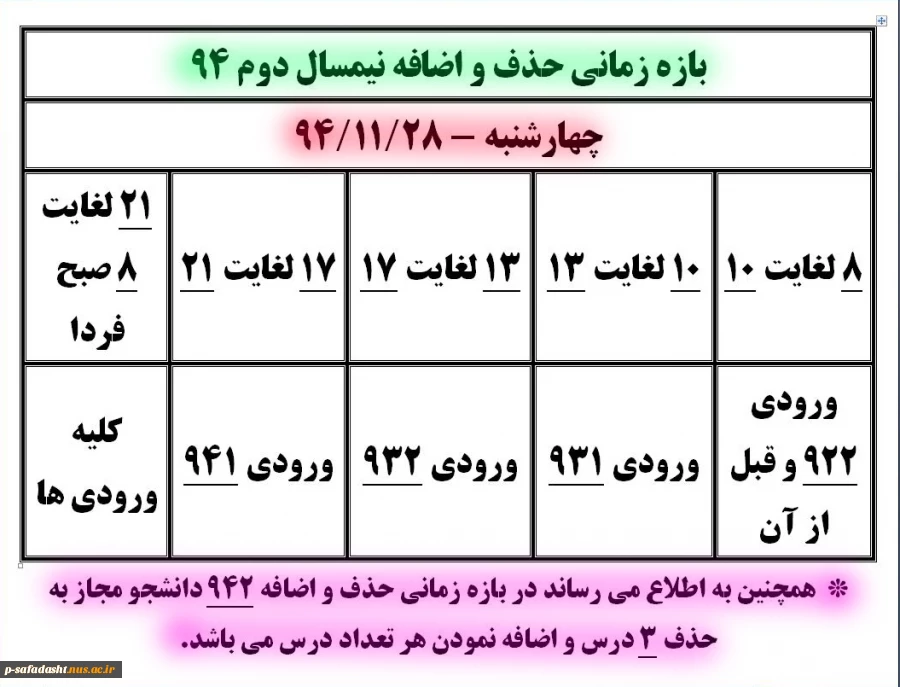توجه     *  بازه زمانی حذف و اضافه