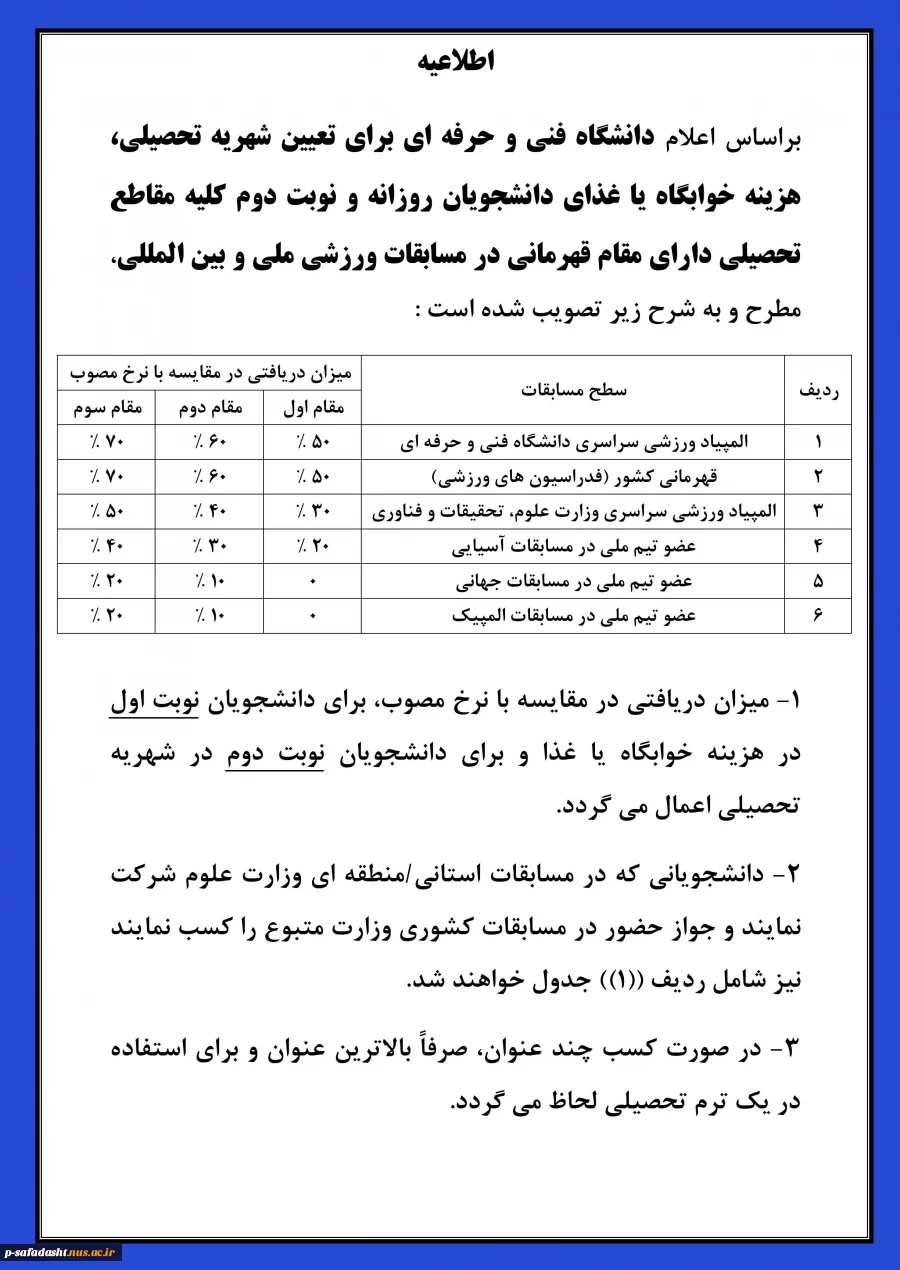 ابلاغ مصوبه هیات امنا در خصوص قهرمانان ورزشی دانشگاه 2