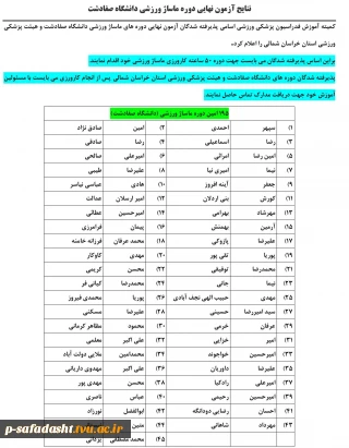 نتایج آزمون نهایی دوره ماساژ ورزشی دانشگاه صفادشت در سایت فدراسیون پزشکی