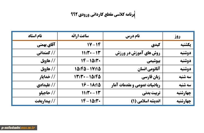 برنامه کلاسی مقطع کاردانی 992 2