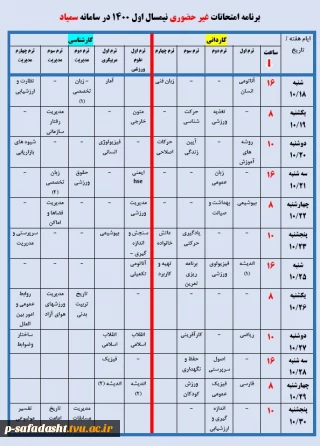 برنامه امتحانات غیرحضوری