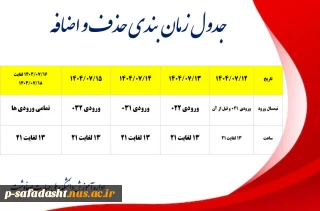 #حذف_و_اضافه

جدول زمان‌بندی حذف و اضافه نیم‌سال اول سال تحصیلی ۱۴۰۴/۱۴۰۵ (مهر _ ۰۴۱)